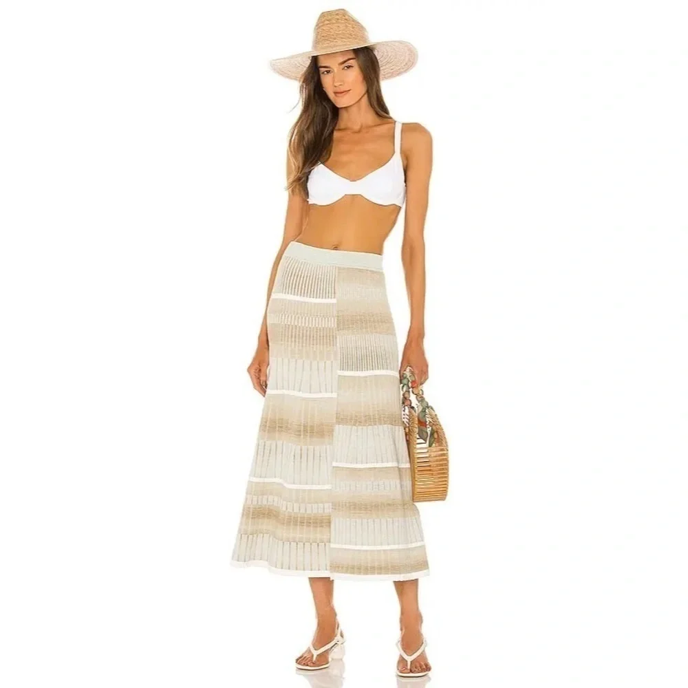 JONATHAN SIMKHAI Neutral Beige Tide Stripe Louise Striped Space Dye Midi Skirt